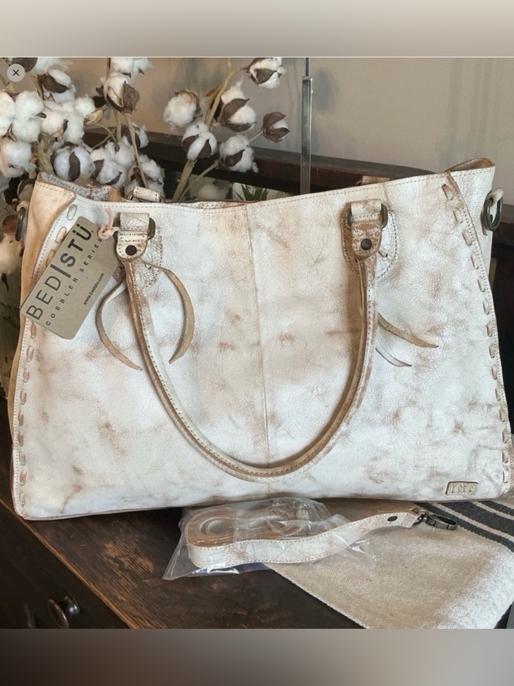 BED|STU Rockaway  Cream & Tan Tie-Dye Leather Tote with Top Handles - Picture 6 of 16